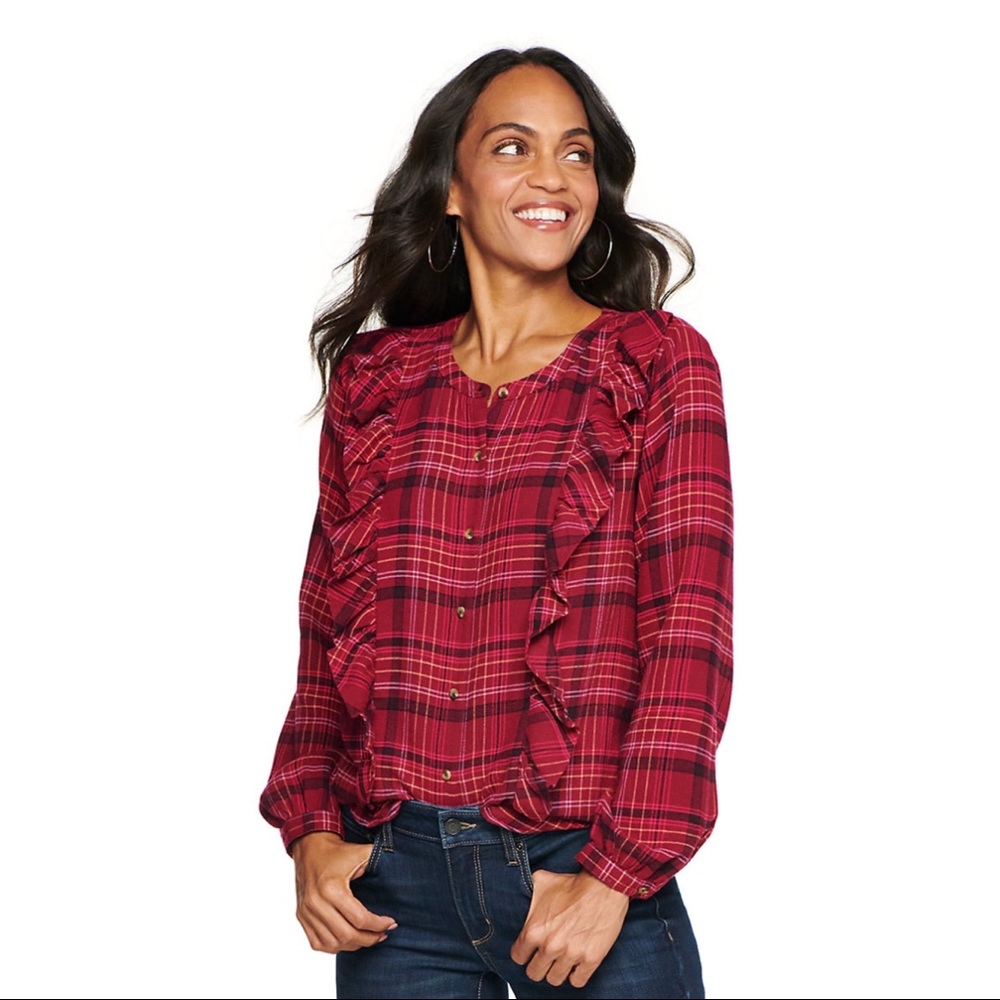 NWT Sonoma Ruffled Button-Down Top Pink Plaid Size XXL